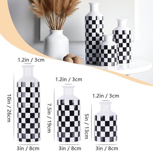 Black and White Ceramic Vase Set 3,Mid Century Modern Checkered Small Vases for Flower&Pampas Grass Centerpiece,Checkered Porcelain Vase for Dining Table Kitchen Tabletop Minimalist Decorative (Black) in Saudi Arabia