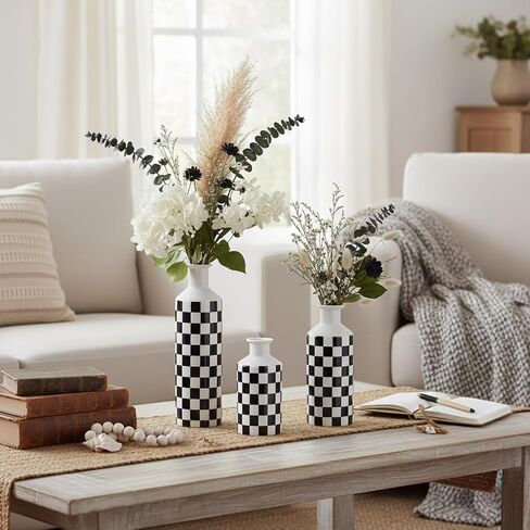 Black and White Ceramic Vase Set 3,Mid Century Modern Checkered Small Vases for Flower&Pampas Grass Centerpiece,Checkered Porcelain Vase for Dining Table Kitchen Tabletop Minimalist Decorative (Black) in Saudi Arabia