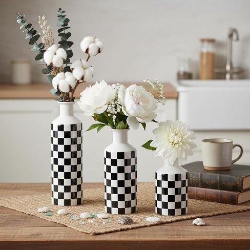 Black and White Ceramic Vase Set 3,Mid Century Modern Checkered Small Vases for Flower&Pampas Grass Centerpiece,Checkered Porcelain Vase for Dining Table Kitchen Tabletop Minimalist Decorative (Black) in Saudi Arabia
