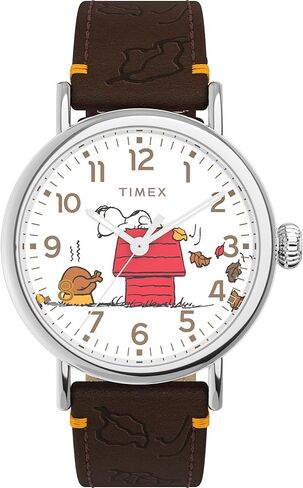 Timex Unisex Peanuts Waterbury Standard 40mm Watch - Brown Strap White Dial Silver-Tone Case in Saudi Arabia