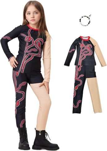 Janoudou Girls sparkle Two-Piece Costume Black and Gold Two-Tone Design with Red Snake Rhinestone Pattern Halloween Costume in Saudi Arabia