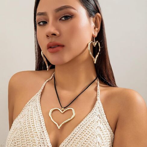 WLL Y2K Big Heart Necklace Earrings Set for Women Chunky Large Heart Statement Necklace Trendy Hollow Heart Dangle Earrings Jewelry in Saudi Arabia