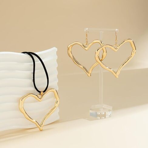 WLL Y2K Big Heart Necklace Earrings Set for Women Chunky Large Heart Statement Necklace Trendy Hollow Heart Dangle Earrings Jewelry in Saudi Arabia