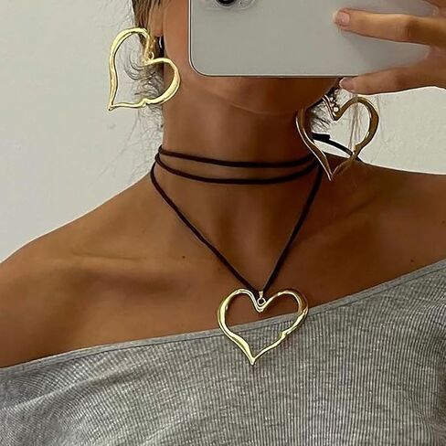 WLL Y2K Big Heart Necklace Earrings Set for Women Chunky Large Heart Statement Necklace Trendy Hollow Heart Dangle Earrings Jewelry in Saudi Arabia
