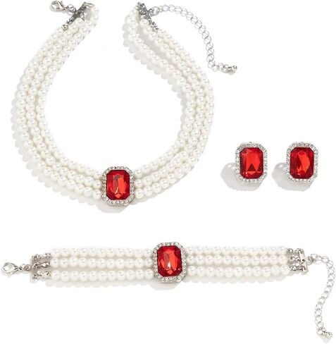 CRUSH CR Crystal Choker Necklace for Women Earring Necklace&Bracelet Set Fashion Gemstone Pearl Necklace for Party and Wedding in Saudi Arabia