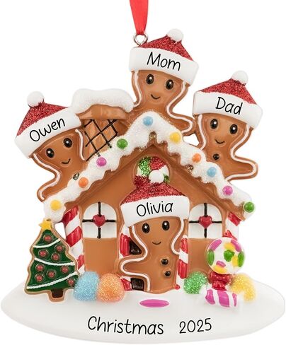 UniqXmas عائلة بيت خبز الزنجبيل المخصصة المكونة من 4 أفراد زينة عيد الميلاد 2025 | زينة شجرة عيد الميلاد حسب الطلب | عيد الميلاد الأول كعائلة مكونة من أربعة أفراد في تذكار New Sweet Home - الاسم والسنة المخصصان in Kuwait