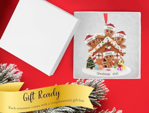 UniqXmas عائلة بيت خبز الزنجبيل المخصصة المكونة من 4 أفراد زينة عيد الميلاد 2025 | زينة شجرة عيد الميلاد حسب الطلب | عيد الميلاد الأول كعائلة مكونة من أربعة أفراد في تذكار New Sweet Home - الاسم والسنة المخصصان in Kuwait