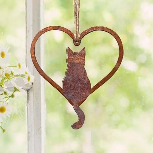 Rustic Cat Heart Silhouette Metal Hanging Ornaments - 6Inch/15cm Rust Art Cat Sign, Whimsical Memorial Gift for Feline Enthusiasts | Indoor & Outdoor Home Decor for Living Room, Bedroom, Patio in Saudi Arabia