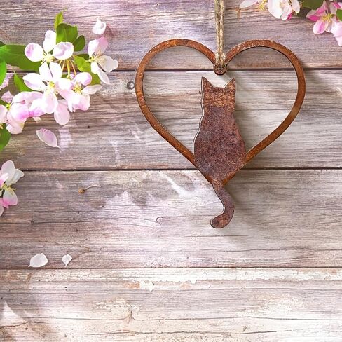 Rustic Cat Heart Silhouette Metal Hanging Ornaments - 6Inch/15cm Rust Art Cat Sign, Whimsical Memorial Gift for Feline Enthusiasts | Indoor & Outdoor Home Decor for Living Room, Bedroom, Patio in Saudi Arabia