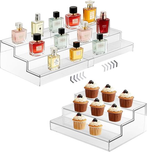BLUE MUUMY 2 Sets 3 Tiers Perfume Stand, Acrylic Extendable Risers Display Stands 12-22.6 Inch , 30 Cupcakes Plastic Cupcake Stand, Rectangular Acrylic Shelves For Perfume Organize, Dessert, Cake Display in Party and Collectibles in Saudi Arabia
