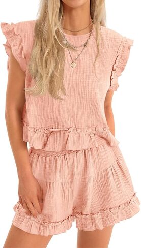 Cicy Bell Womens Summer 2 Piece Sets Ruffle Cap Sleeve Crewneck Cropped Tops Elastic Waist Shorts 2026 Lounge Outfits in Saudi Arabia
