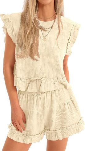 Cicy Bell Womens Summer 2 Piece Sets Ruffle Cap Sleeve Crewneck Cropped Tops Elastic Waist Shorts 2026 Lounge Outfits in Saudi Arabia