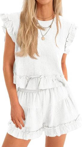 Cicy Bell Womens Summer 2 Piece Sets Ruffle Cap Sleeve Crewneck Cropped Tops Elastic Waist Shorts 2026 Lounge Outfits in Saudi Arabia