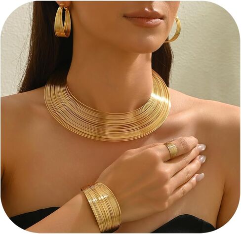 Chunky Gold Necklace Set for Women African Thick Boho Necklace Hoop Earrings Bracelets Ring Set Punk Jewelry in Saudi Arabia
