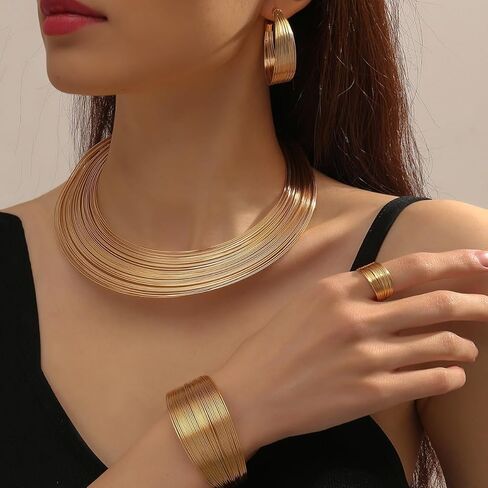 Chunky Gold Necklace Set for Women African Thick Boho Necklace Hoop Earrings Bracelets Ring Set Punk Jewelry in Saudi Arabia