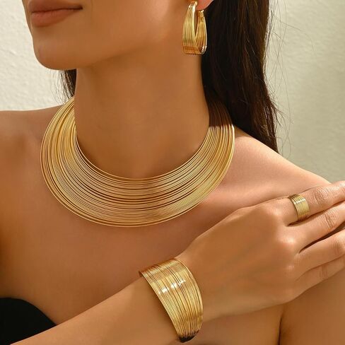 Chunky Gold Necklace Set for Women African Thick Boho Necklace Hoop Earrings Bracelets Ring Set Punk Jewelry in Saudi Arabia