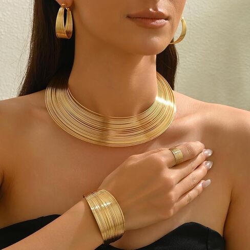 Chunky Gold Necklace Set for Women African Thick Boho Necklace Hoop Earrings Bracelets Ring Set Punk Jewelry in Saudi Arabia