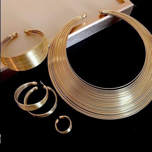 Chunky Gold Necklace Set for Women African Thick Boho Necklace Hoop Earrings Bracelets Ring Set Punk Jewelry in Saudi Arabia