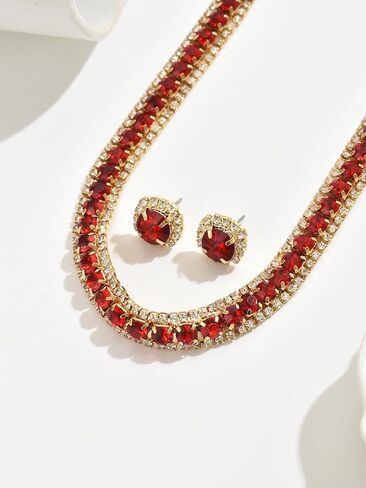 Luxurious Red Ruby-Tone Rhinestone Choker Necklace and Stud Earrings Set for Women Gold-Tone Crystal Statement Jewelry for Prom Wedding Party in Saudi Arabia