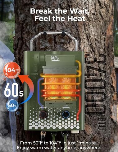 سخان مياه Kemimoto بدون دبابة ، في الهواء الطلق 1.32 جم في الدقيقة 5L سخان مياه بروبان محمول مع مضخة مياه 1.2 GPM ، حماية محمومة ، سهلة التثبيت ، الاستخدام لمقصورة الصيد في RV ، Green. in Kuwait