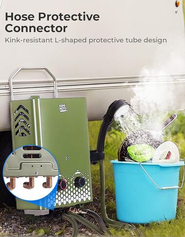 سخان مياه Kemimoto بدون دبابة ، في الهواء الطلق 1.32 جم في الدقيقة 5L سخان مياه بروبان محمول مع مضخة مياه 1.2 GPM ، حماية محمومة ، سهلة التثبيت ، الاستخدام لمقصورة الصيد في RV ، Green. in Kuwait