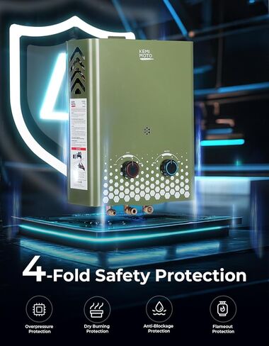 سخان مياه Kemimoto بدون دبابة ، في الهواء الطلق 1.32 جم في الدقيقة 5L سخان مياه بروبان محمول مع مضخة مياه 1.2 GPM ، حماية محمومة ، سهلة التثبيت ، الاستخدام لمقصورة الصيد في RV ، Green. in Kuwait