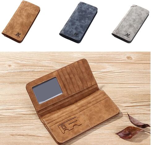 Multi-card Pocket Wallet Vintage Durable Frosted Long Wallet Portable PU Men Wallets Male(Brown) in Saudi Arabia