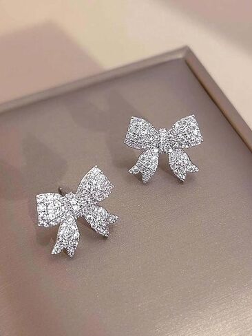 Sparkling Crystal Bow Earrings - Delicate Rhinestone Studded Bow Tie Drop Earrings in Saudi Arabia