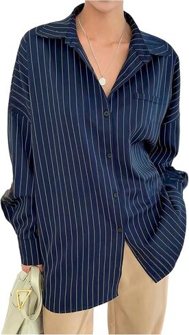 GORGLITTER Women's Oversized Striped Button Down Shirts Boyfriend Dressy Casual Long Sleeve Collared Work Blouses Tops in Saudi Arabia