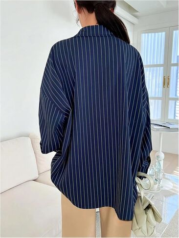 GORGLITTER Women's Oversized Striped Button Down Shirts Boyfriend Dressy Casual Long Sleeve Collared Work Blouses Tops in Saudi Arabia