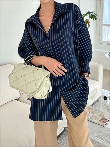GORGLITTER Women's Oversized Striped Button Down Shirts Boyfriend Dressy Casual Long Sleeve Collared Work Blouses Tops in Saudi Arabia
