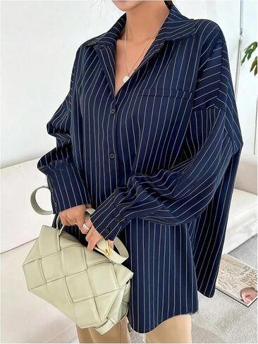 GORGLITTER Women's Oversized Striped Button Down Shirts Boyfriend Dressy Casual Long Sleeve Collared Work Blouses Tops in Saudi Arabia
