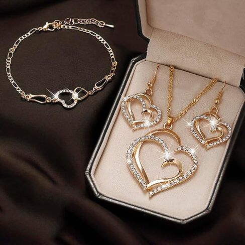 4PCS/Pack Luxury Double Heart Jewelry Set for Women, Hollow Big & Small Heart Crystal Zircon Necklace Earrings Bracelet Set, Elegant Gold Wedding Jewelry Valentine's Day Gifts in Saudi Arabia