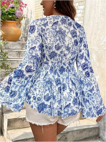 Floerns Women's Plus Size Floral Blouse Tie V Neck Bell Sleeve Vacation Peplum Tops in Saudi Arabia