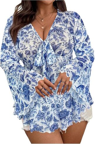 Floerns Women's Plus Size Floral Blouse Tie V Neck Bell Sleeve Vacation Peplum Tops in Saudi Arabia