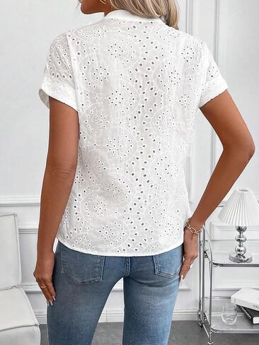 Women's Boho Summer Eyelet Tops Dolman Short Sleeve V Neck Embroidery Blouse Shirts in Saudi Arabia