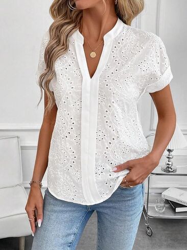 Women's Boho Summer Eyelet Tops Dolman Short Sleeve V Neck Embroidery Blouse Shirts in Saudi Arabia