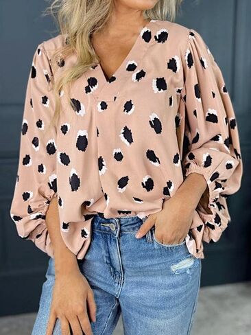 ​Women's Leopard Print Blouse, V-Neck Bracelet Sleeve Casual Shirt​ in Saudi Arabia