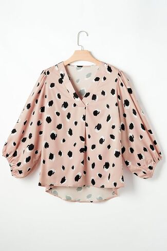 ​Women's Leopard Print Blouse, V-Neck Bracelet Sleeve Casual Shirt​ in Saudi Arabia