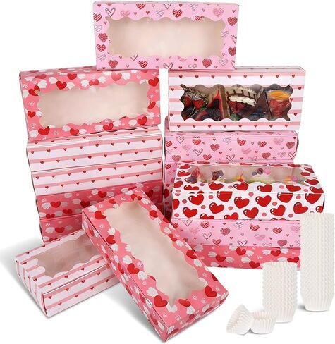 24 Pieces Valentine's Day Treat Boxes Valentine Heart Cookie Boxes with Window 12 x 5.5 x 2.5 Inch Valentine Bakery Boxes Heart Gift Boxes Candy Heart Containers for Valentine Wedding Party Favor in Kuwait