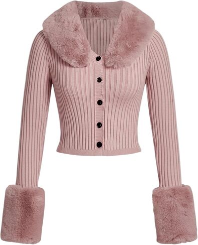 MakeMeChic Women's Christmas Sweaters Faux Fur Button Down Long Sleeve Fuzzy Rib Knit Cardigan Sweater in Saudi Arabia