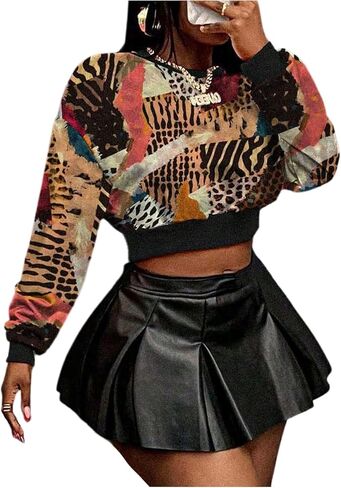 GORGLITTER Women's Leopard Print Cropped Sweatshirt Y2K Long Sleeve Crewneck Fall Trendy 2026 Streetwear Varsity Outfits in Saudi Arabia