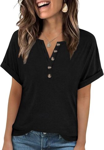 تي شيرت نسائي من MixShe بأكمام قصيرة من Henley مع زر أمامي كاجوال صيفي خفيف الوزن in Saudi Arabia