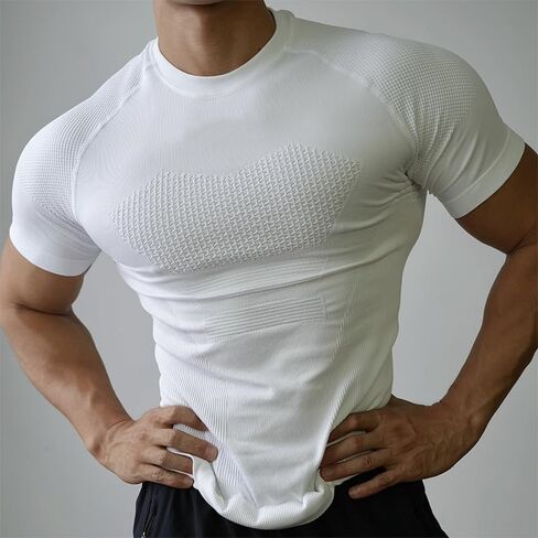 Mens Compression Athletic Shirt Short Sleeve Quick Dry Workout Top Breathable Seamless Sports Tee for Gym Fitness Running in Saudi Arabia