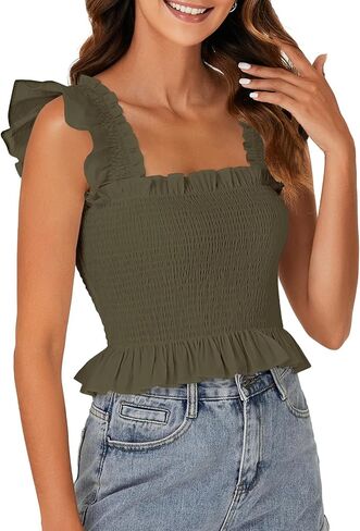 Rooscier Women's Square Neck Smocked Ruffle Cap Sleeve Cami Peplum Top in Saudi Arabia