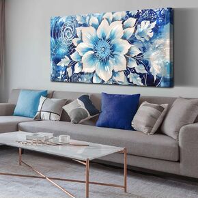 Flower Picture Wall Decor for Bedroom Large Blue Flower Canvas Wall Art for Office Framed Floral Wall Art for Living Room Ready To Hang Size 40 x 20 Inch in Saudi Arabia