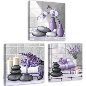 DOARTDO 3 Piece Canvas Wall Art Zen Spa Themed Bathroom Wall Decor Zen Stones Painting with Candles Towels Lavender Orchids Prints Home Office Decor Framed (Purple, (12"x12"x3 Pieces)) in Saudi Arabia