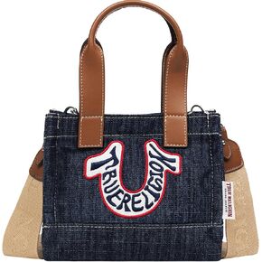 حقيبة يد صغيرة على شكل حدوة حصان من True Religion، شعار مطرز، حزام قابل للتعديل، أجزاء صلبة فضية، قماش دينم داكن in Saudi Arabia