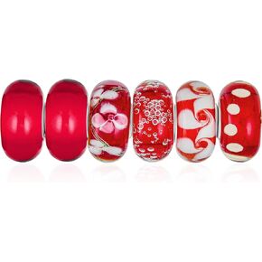 Bling Jewelry Mixed Set Of Bundle .925 Sterling Silver Core Translucent Shades Of Red White Stripe Green Pink Floral Murano Glass Swirl Charm Bead Spacer Fits European Bracelet For Women Teen in Kuwait