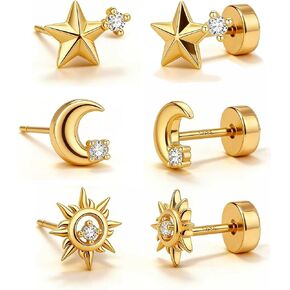 Krathoven Flat Back Earrings for Women,14k Gold/Silver Plated Small Flat Back Stud Earrings Cartilage Helix Multiple Piercing Jewelry Hypoallergenic Earrings for Sensitive Ears -3-piece or 3-pair in Saudi Arabia